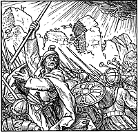 Artists depiction of Joshua and his army about to attack Jericho after its walls fell.