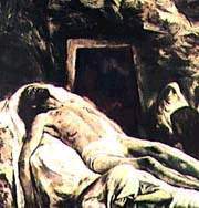 Artist's conception of Jesus' body about to be prepared for burial at the tomb.