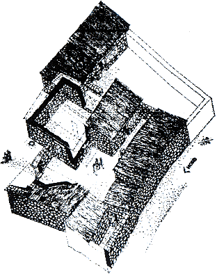 Isometric reconstruction of Peter's house (Level 1, first century B.D. to fourth century A.D.) Photo copyrighted, BiblePlaces.
