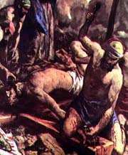 Artist's conception - Jesus being nailed to the cross by soliders.